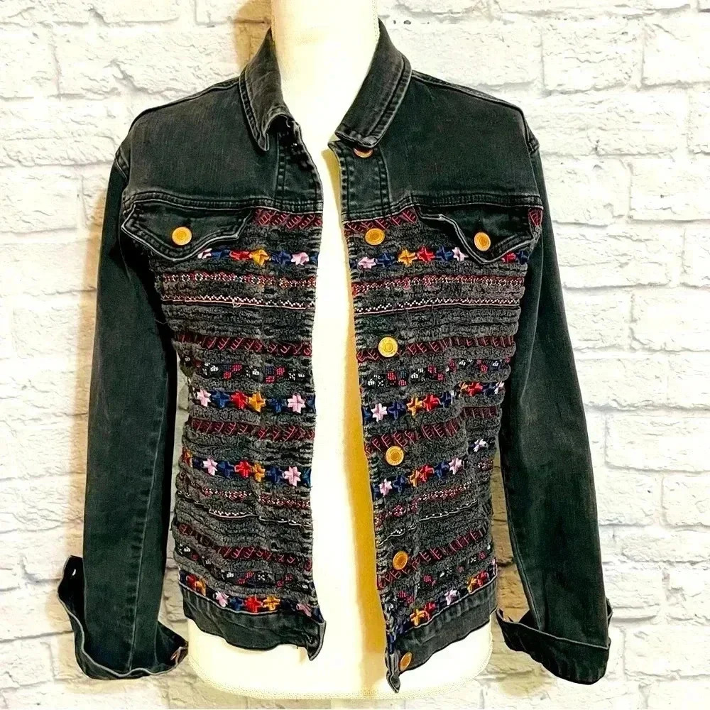 Topshop Embroidered Denim Jacket Jean Jacket Moto Washed Black Rough Edge
